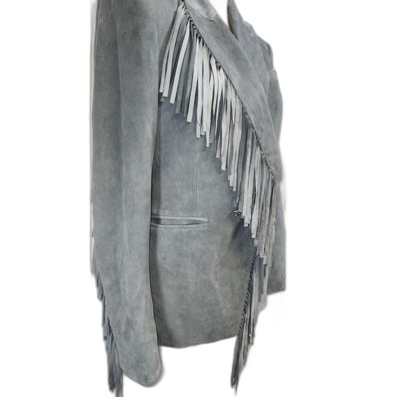 Veronica Beard Pali Fringed Suede Dickey Jacket Slate Blue Lambskin Size 8 - Picture 13 of 14